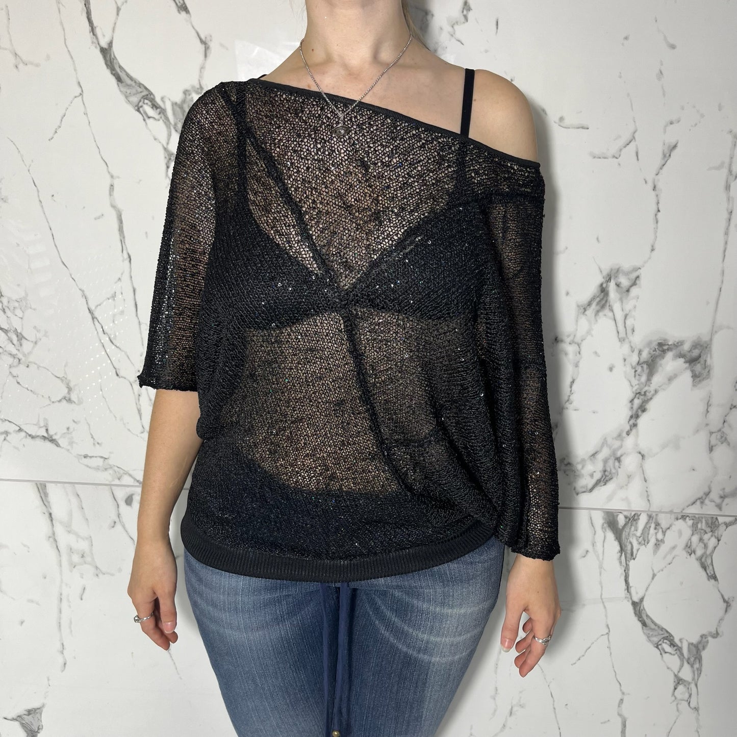 Marty M black loose knit slouchy bat sleeve off the shoulder top