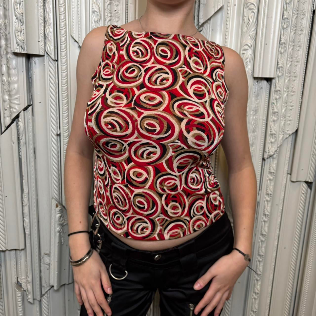 Eye Candy red, black and tan abstract print boat neck tank top