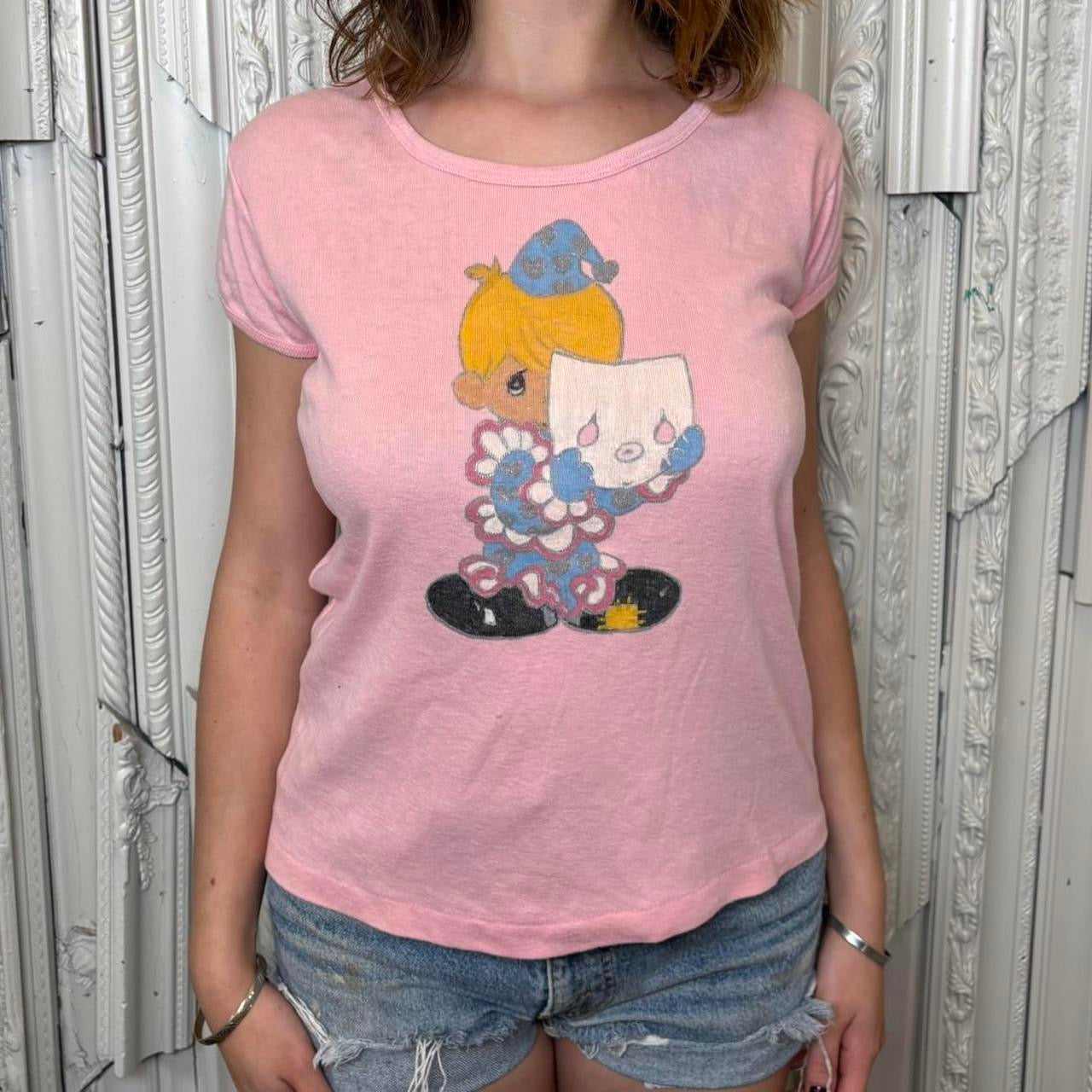 Anvil pink baby tee with hand drawn Precious Moments graphic