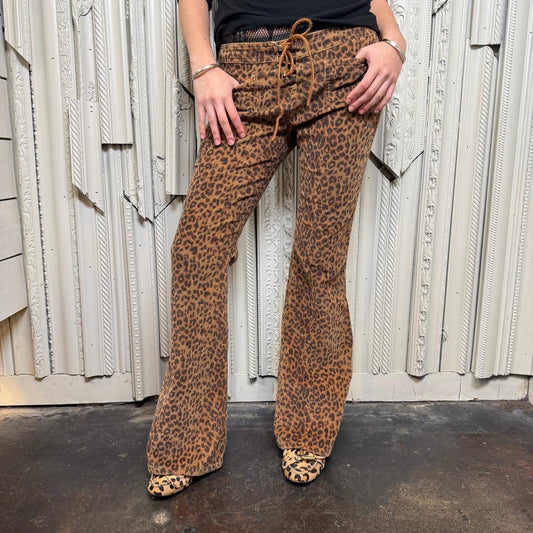 L.E.I. leopard print low rise flare corduroy pants with leather lace up detail