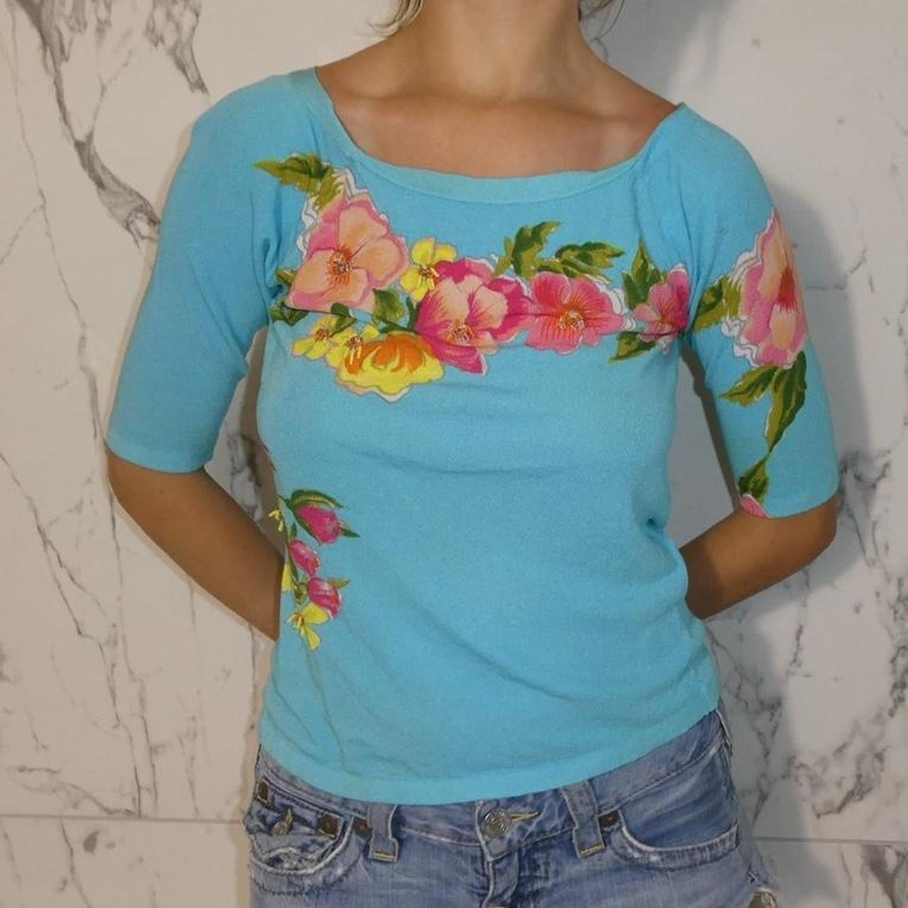 Blumarine blue blouse with floral design and beading