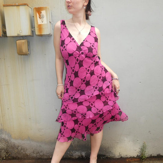 Johnathan Martin silk black and pink polka dot v neck tiered ruffle midi dress