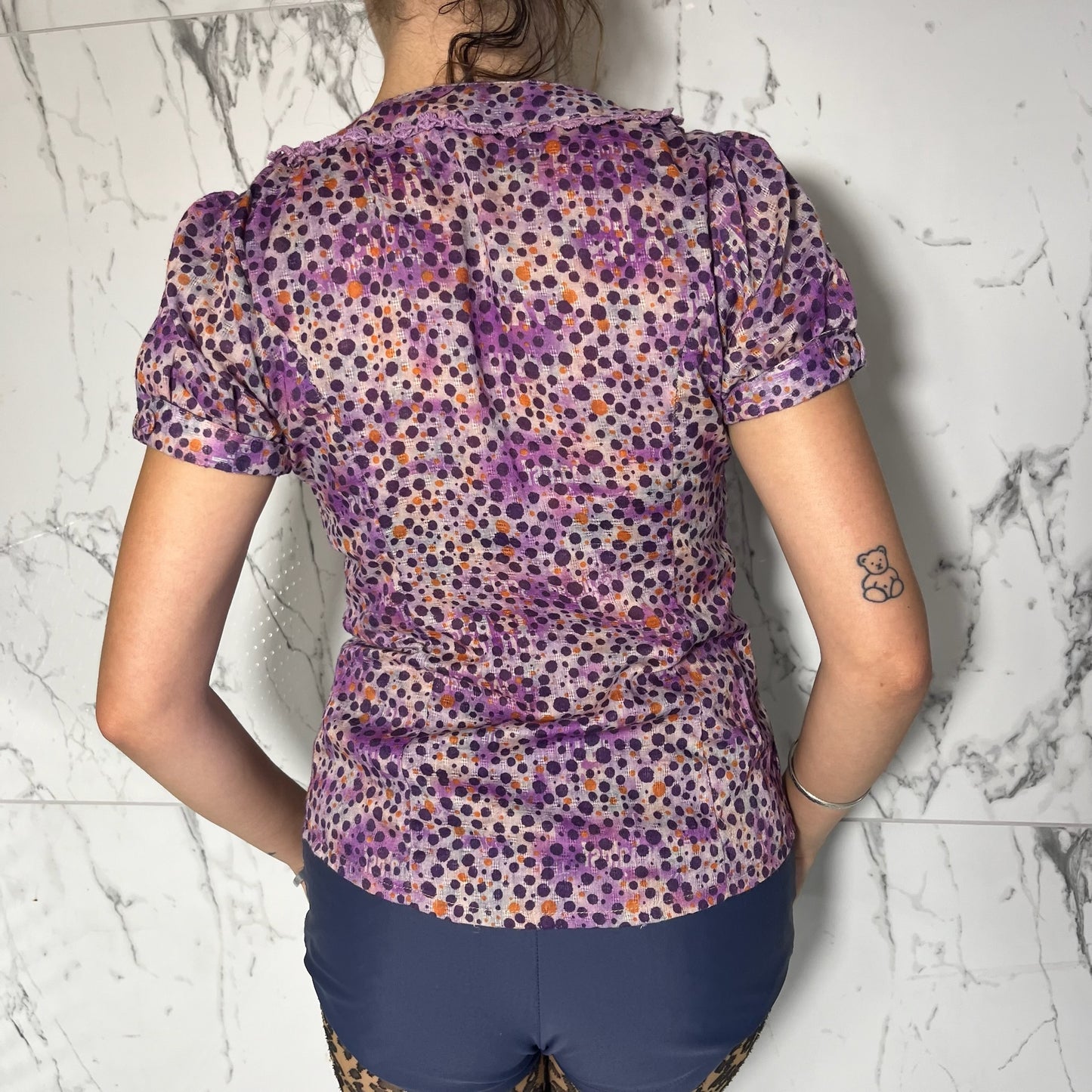 J&M purple and multicolored polka dotprint button down top