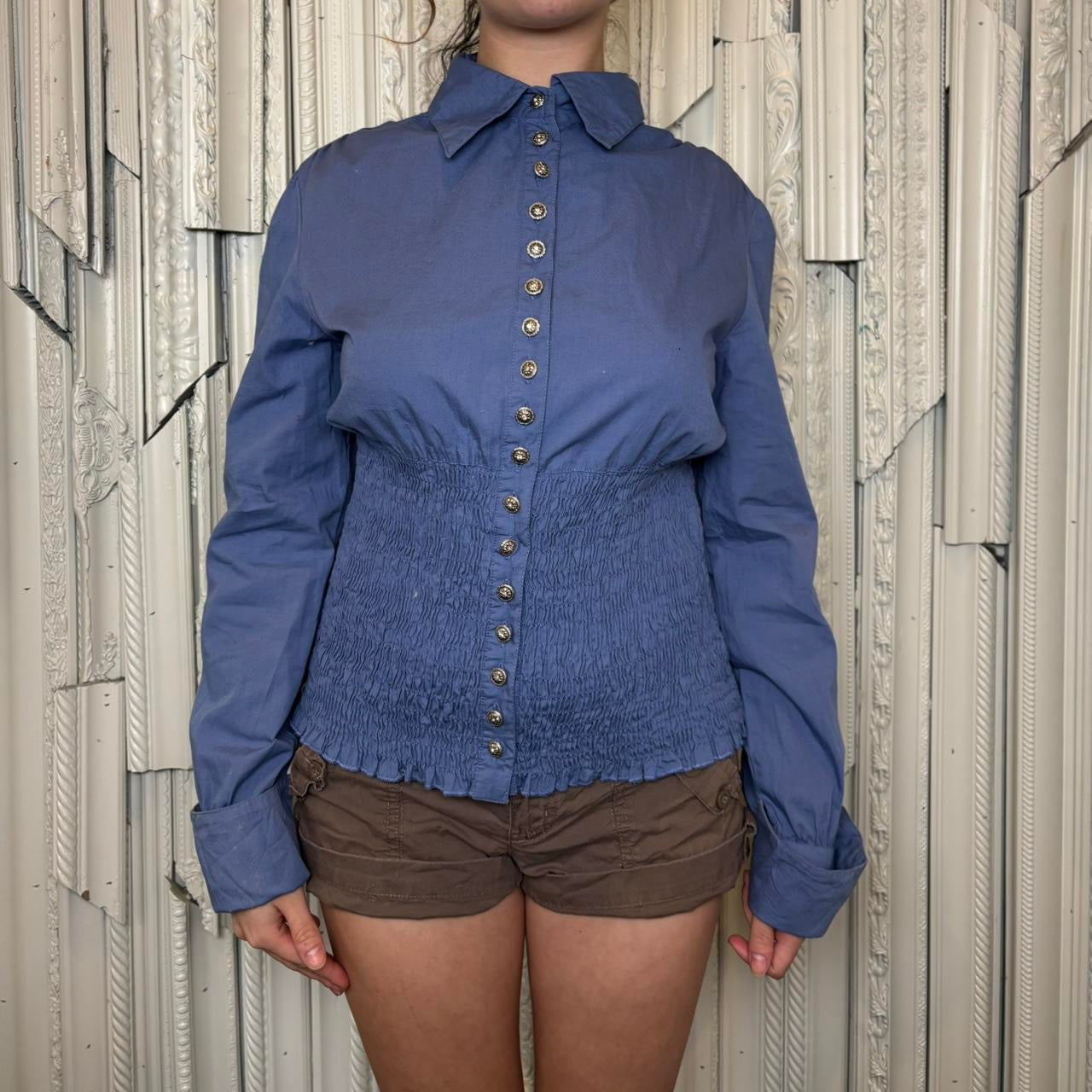 Pierre Cardin 100% cotton blue button down collared blouse