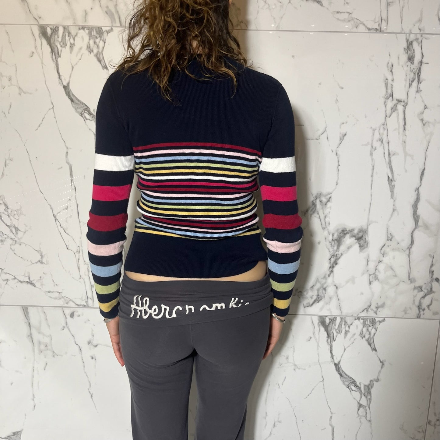 Natural Exchange navy and multicolored stripe scoop neck sweater