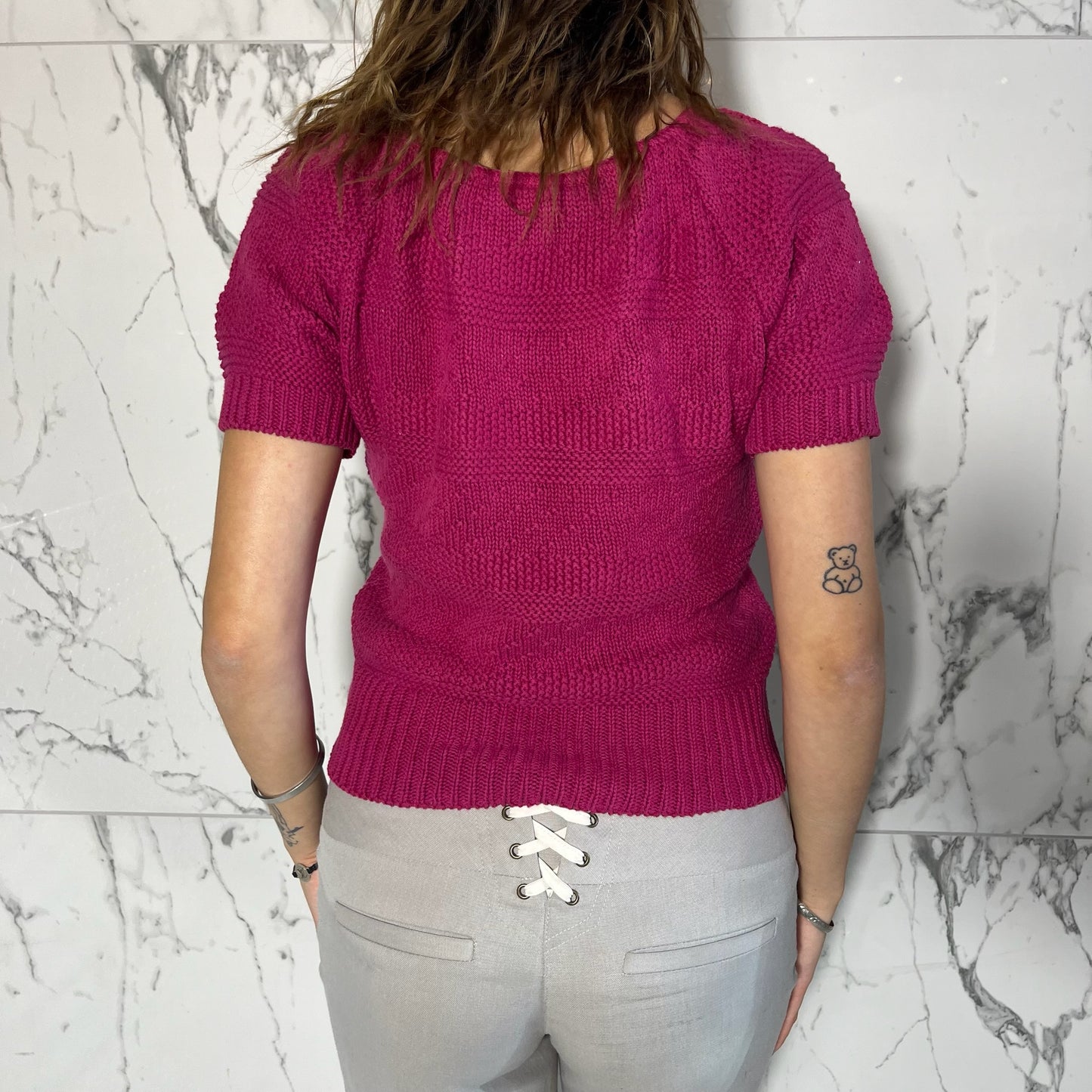 Cross-County Knits purpley-pink short sleeve sweater