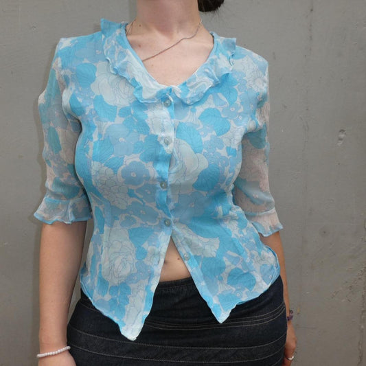 Y2K 100% silk blue and white floral print button down quarter sleeve top