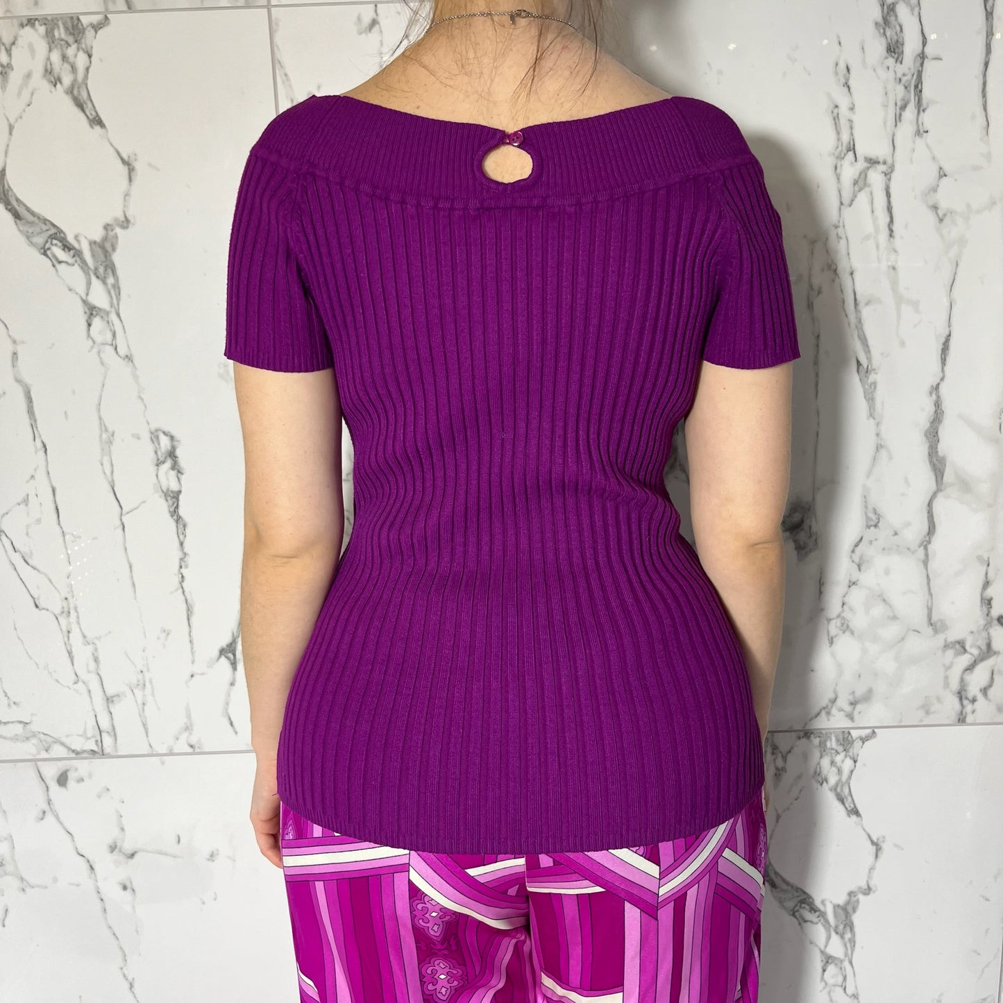 It’s Our Time purple boat neck ribbed knit short sleeve sweater