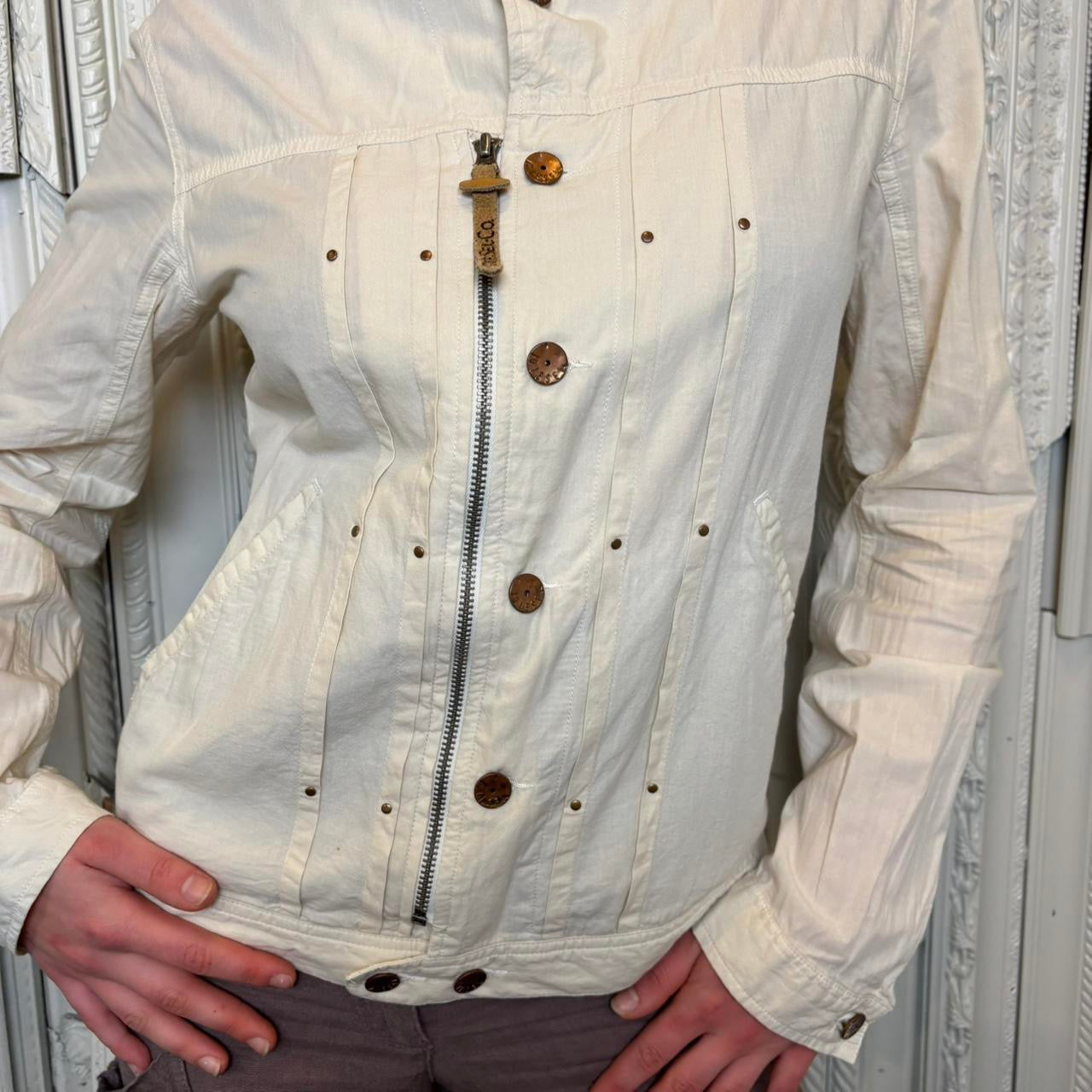 Diesel white zip up and button down jacket with large embroidery print