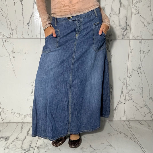 Madison blue denim maxi skirt with pockets