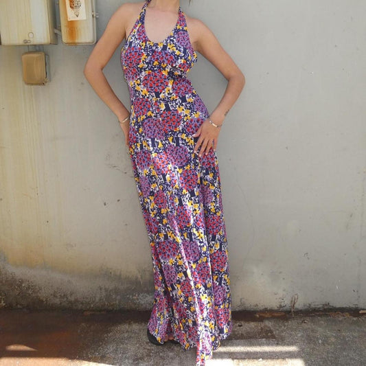 Lesser Tanenbaum Vintage 70s multicolor abstract print halter maxi dress