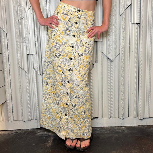 Adelaar 70s white, black and yellow quilted button down maxi skirt