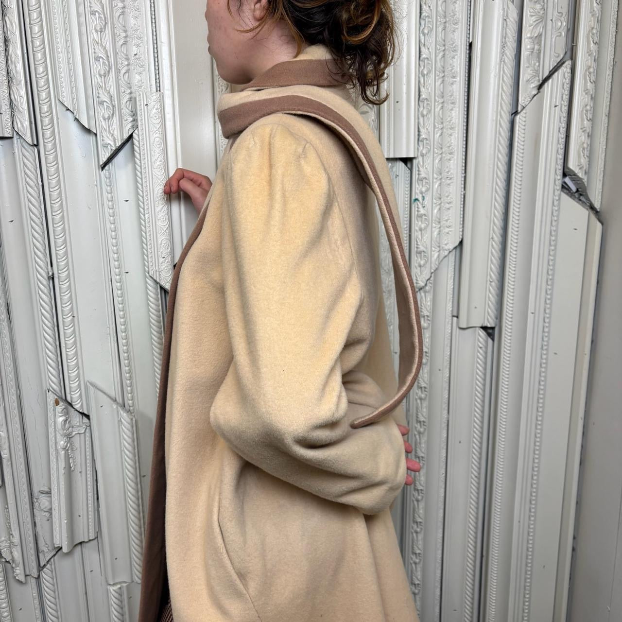 Alorna vintage 60s cream and brown long wool trench coat