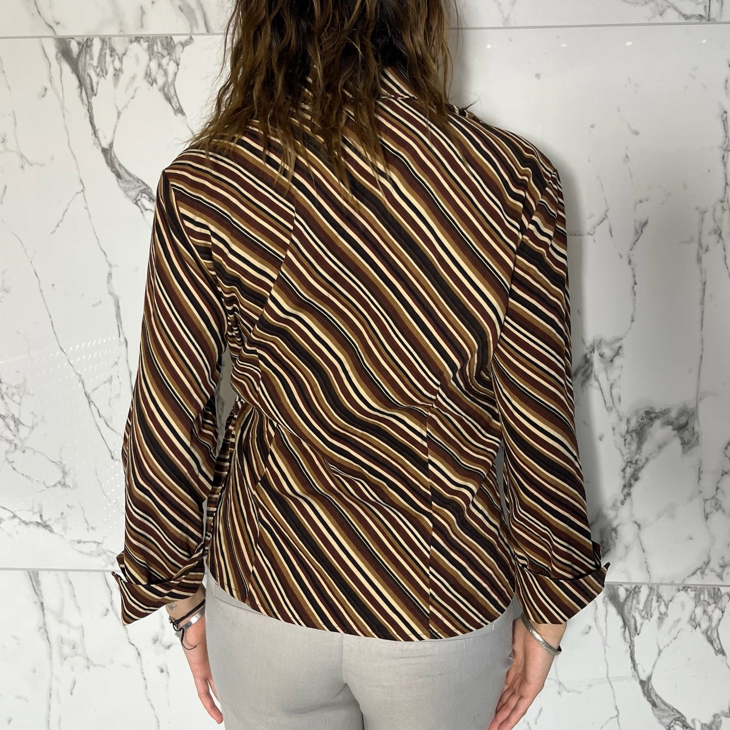 South Dudley multi tone brown stripe quarter sleeve wrap top