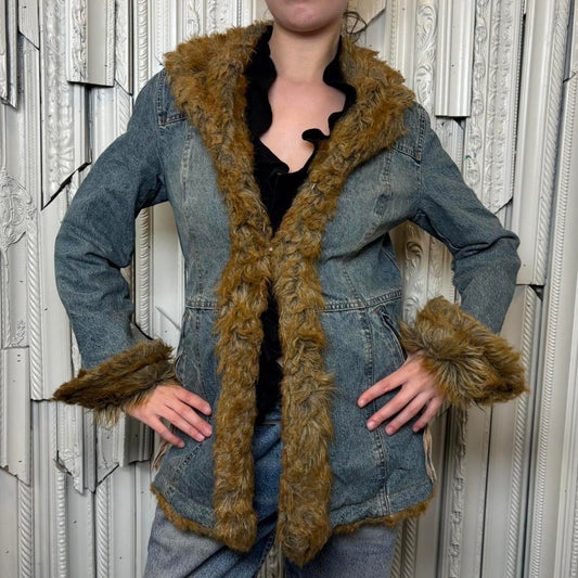 Black Rivet Y2K denim coat with faux fur trim