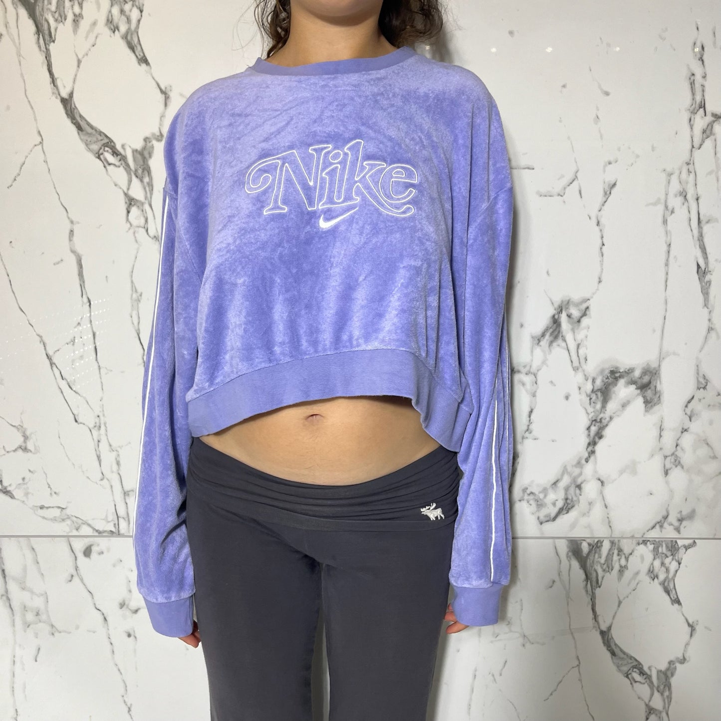 Nike purple and white cropped terry cloth sweatshirt