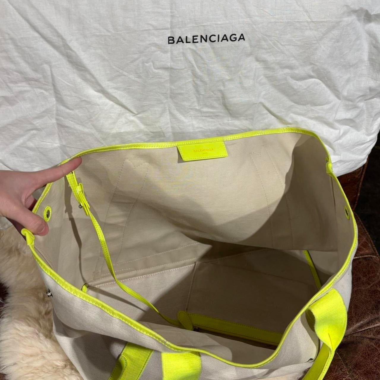 Balenciaga off white and neon yellow large tote with attached pouch