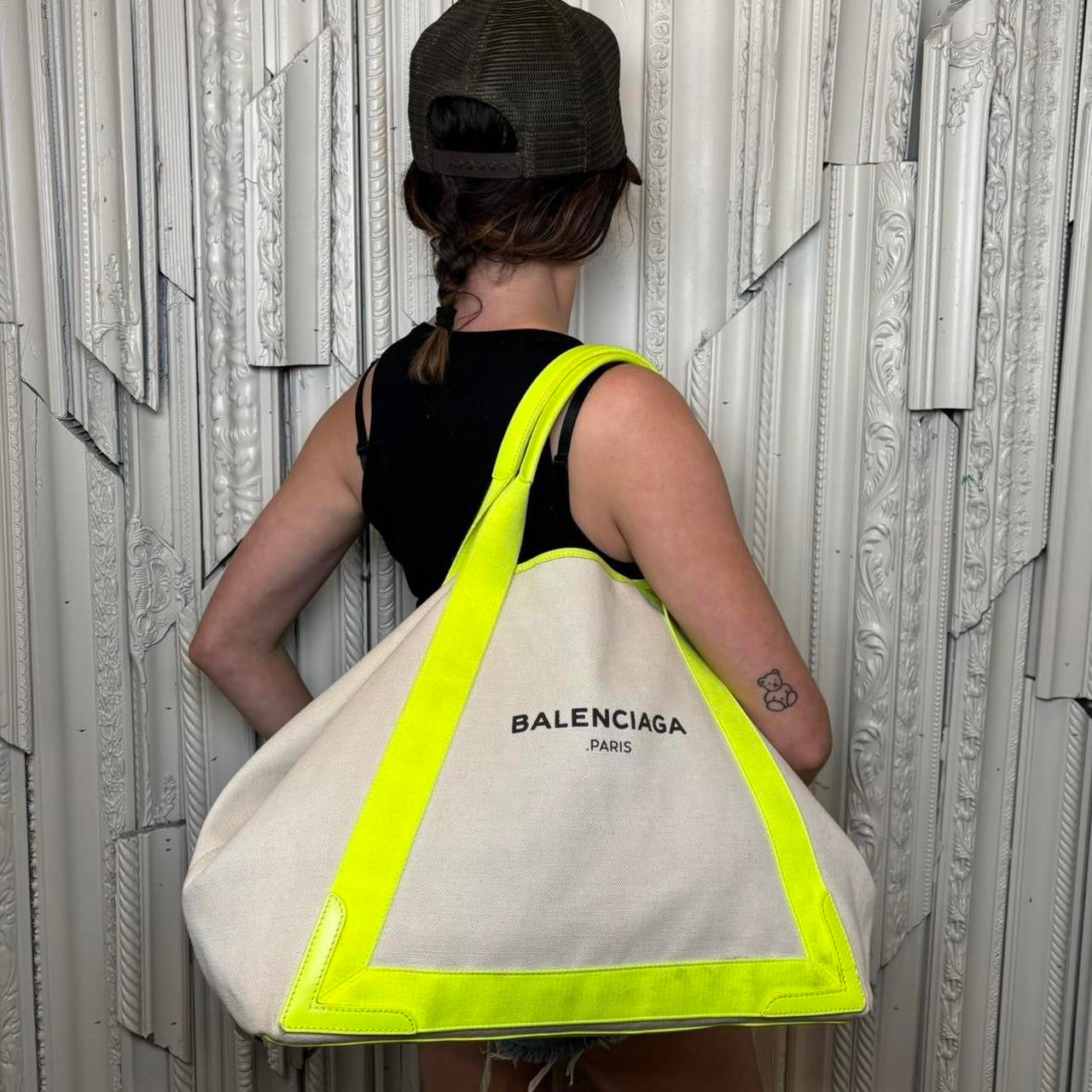 Balenciaga off white and neon yellow large tote with attached pouch