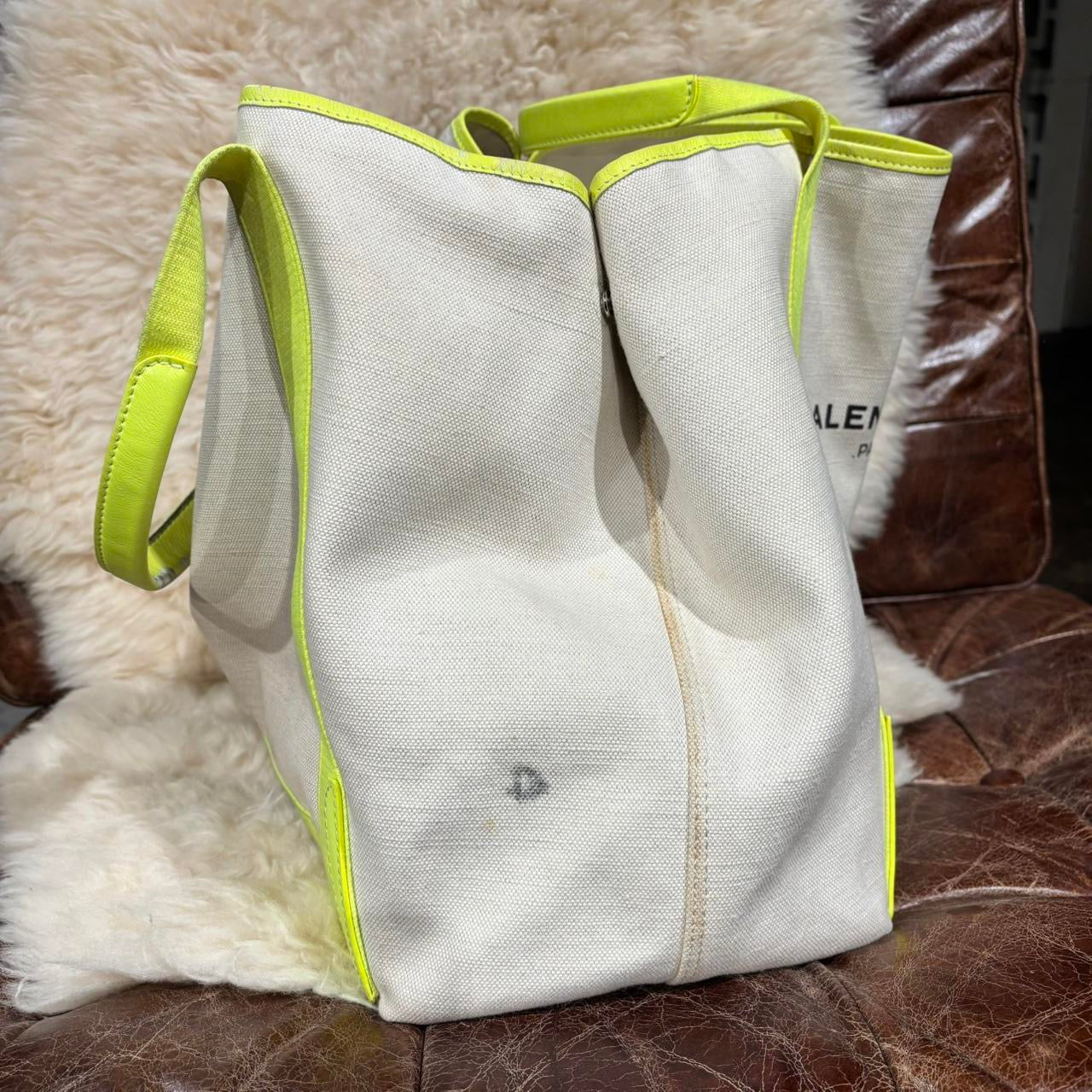 Balenciaga off white and neon yellow large tote with attached pouch