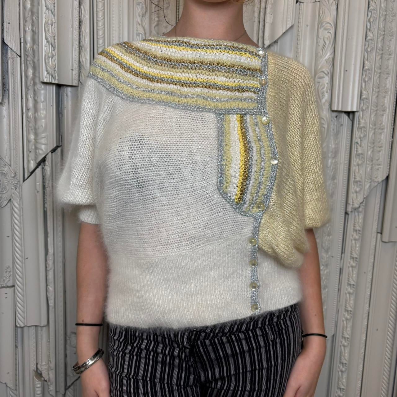 80s yellow, cream and silver bat wing short sleeve sweater