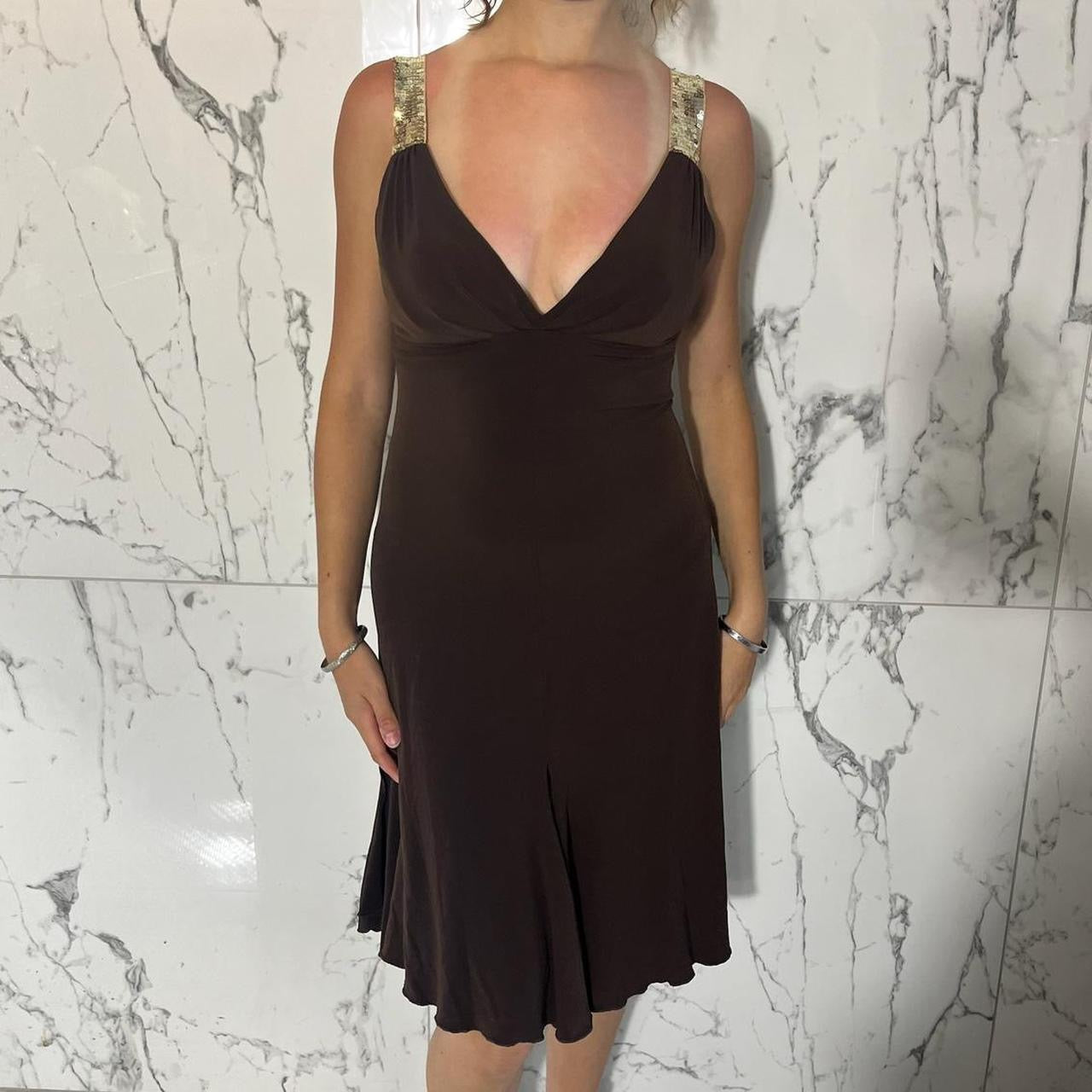 Blondie Nites brown v neck knee length dress