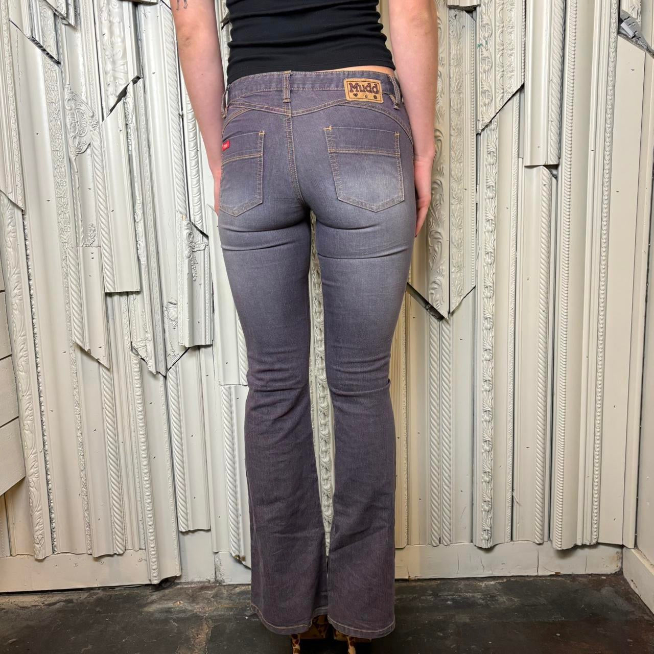 Mudd purple low rise flare jeans with orange stitching