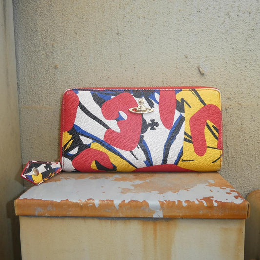 vintage Vivienne Westwood light red/orange, yellow, blue and black abstract pattern wallet