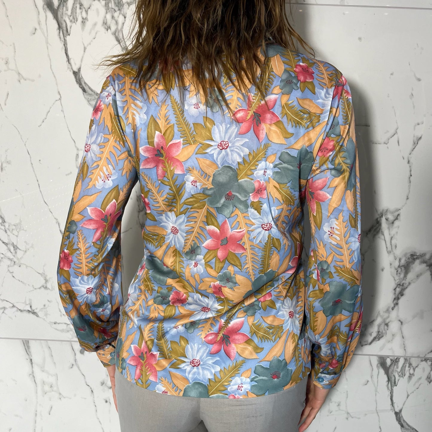 70s long sleeve multicolor floral print button up shirt