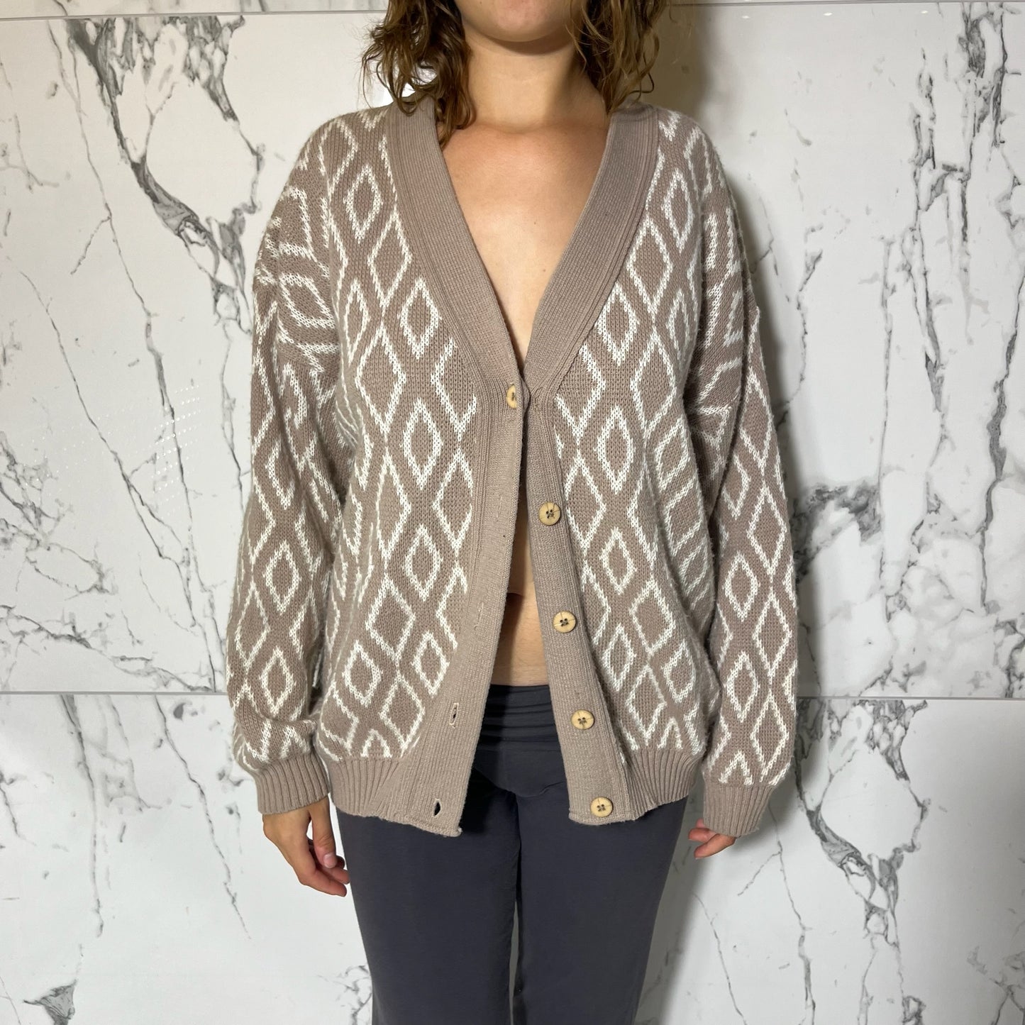 Tarazzia tan and white knit button down cardigan