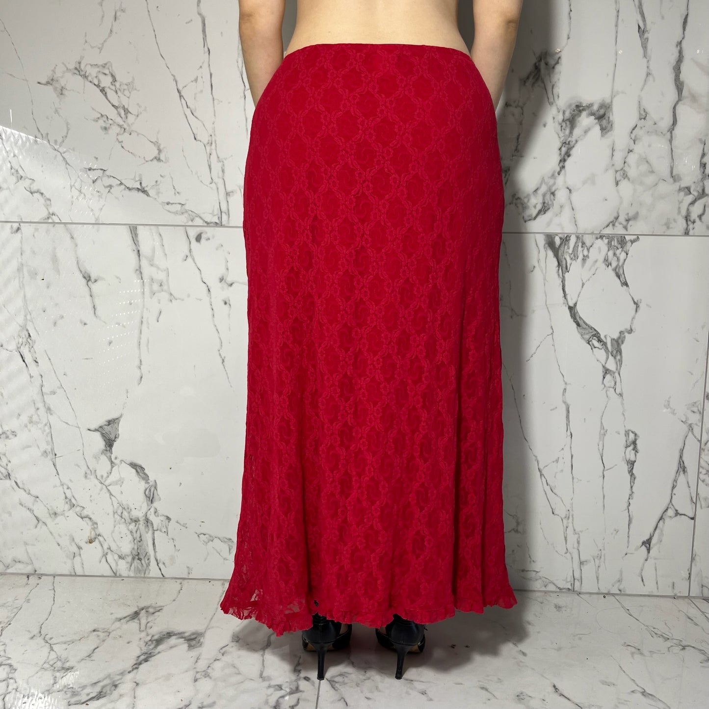 Ivu Jane red floral lace maxi skirt