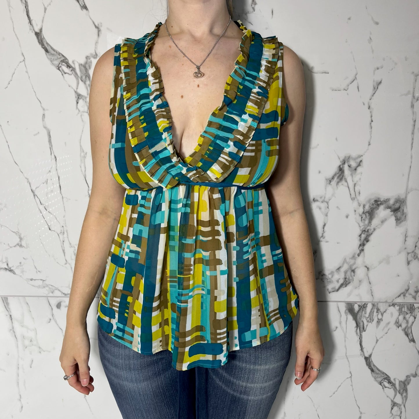 NY&CO multicolor v neck tank top with ruffle neckline