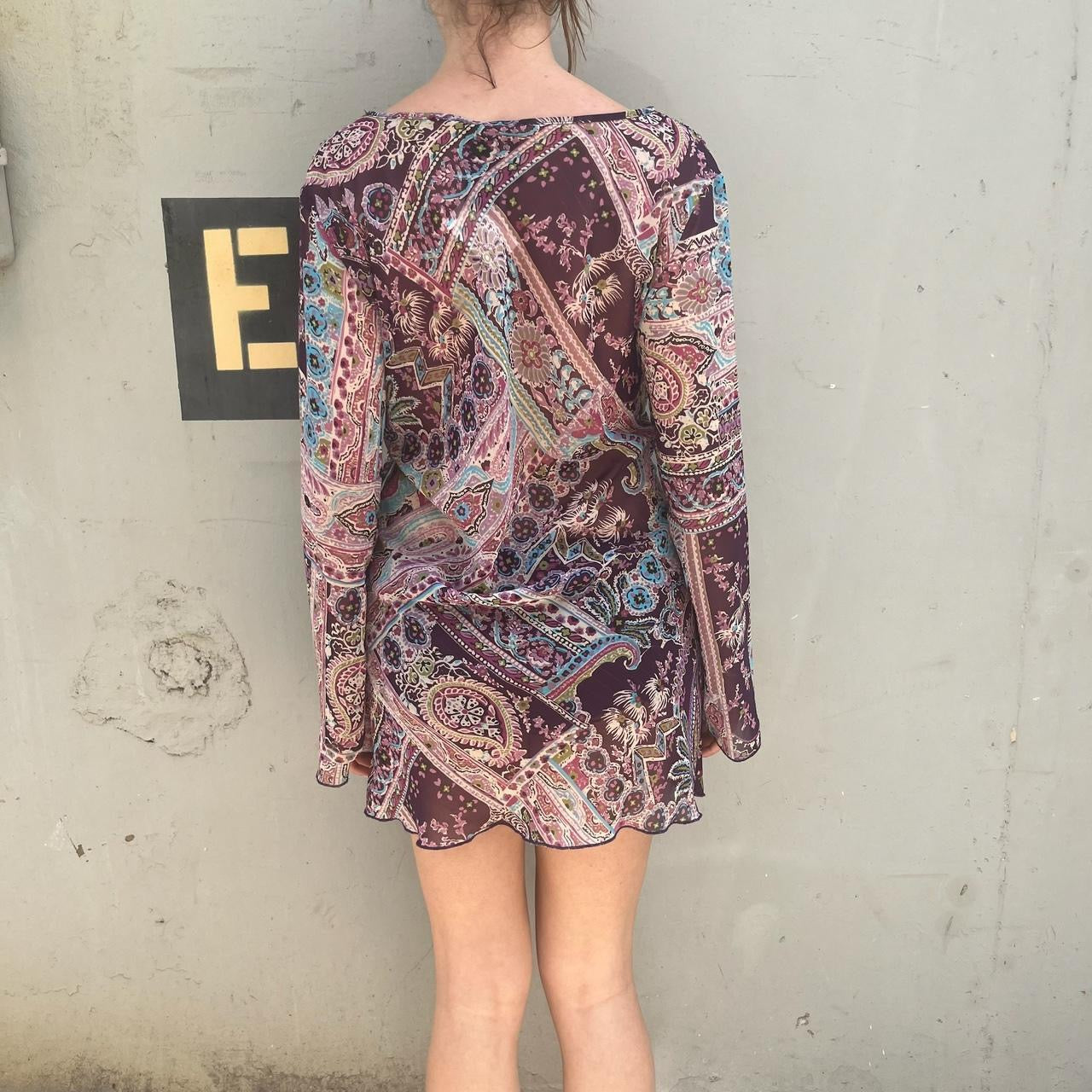 Mix It Y2K purple and blue paisley print long sleeve sheer dress