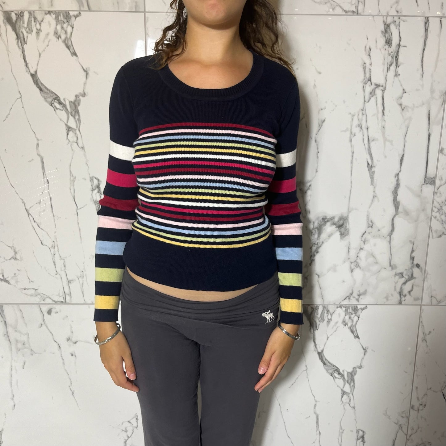 Natural Exchange navy and multicolored stripe scoop neck sweater