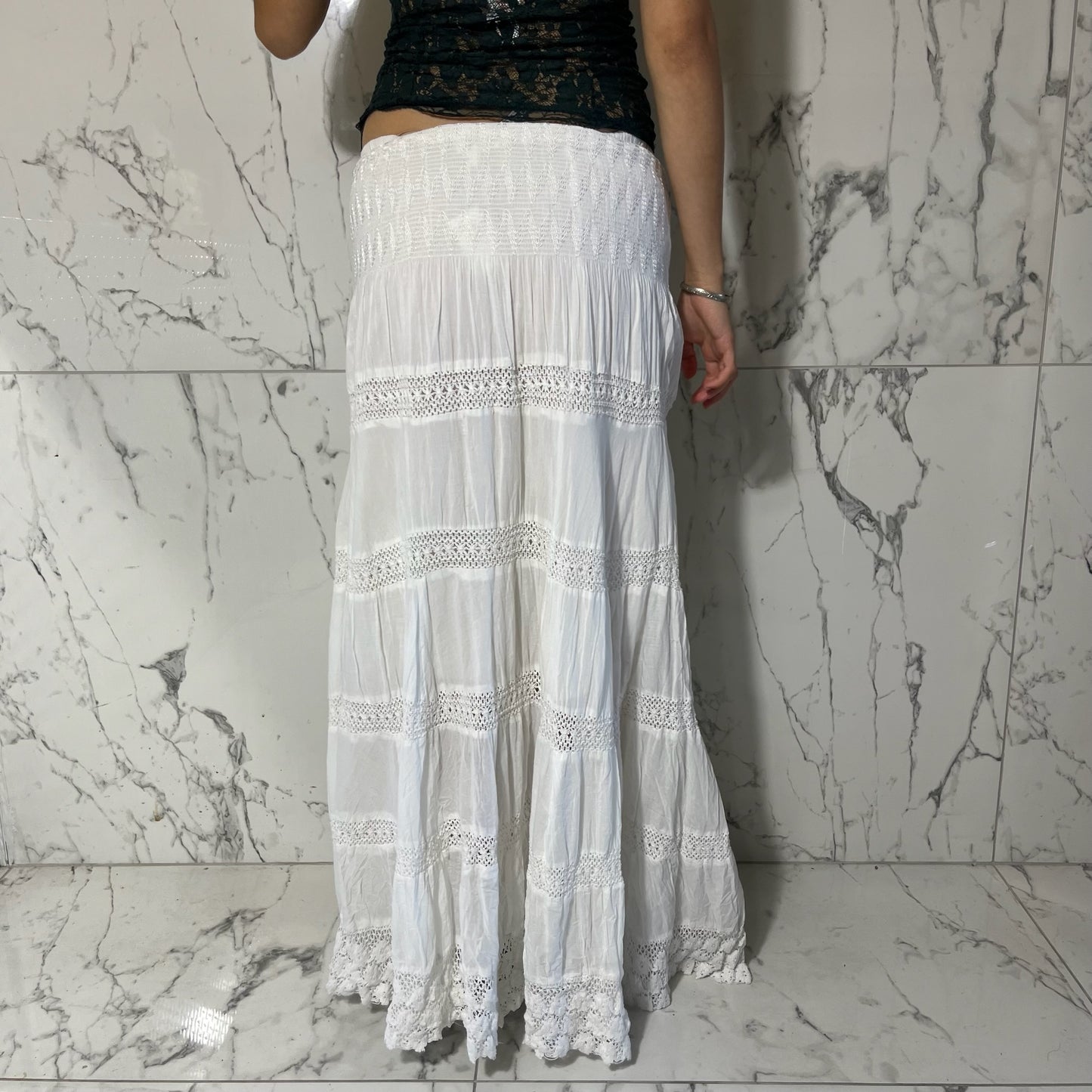 White diamonds tiered maxi skirt with crochet detailing