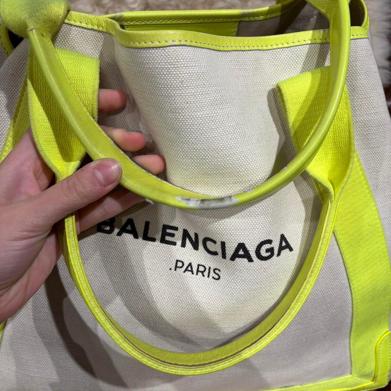 Balenciaga off white and neon yellow large tote with attached pouch