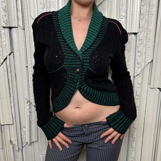 Diesel black and green button down cardigan with puff sleeves