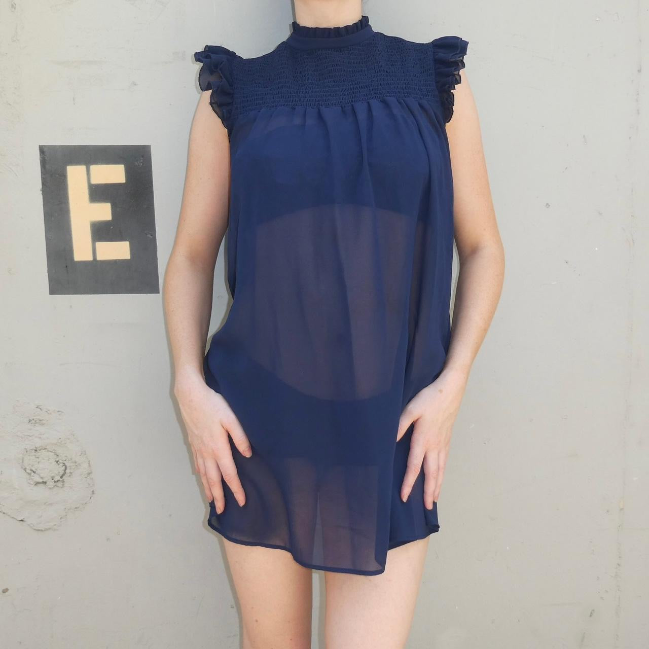 Teeze Me Sheer navy blue high neck mini dress