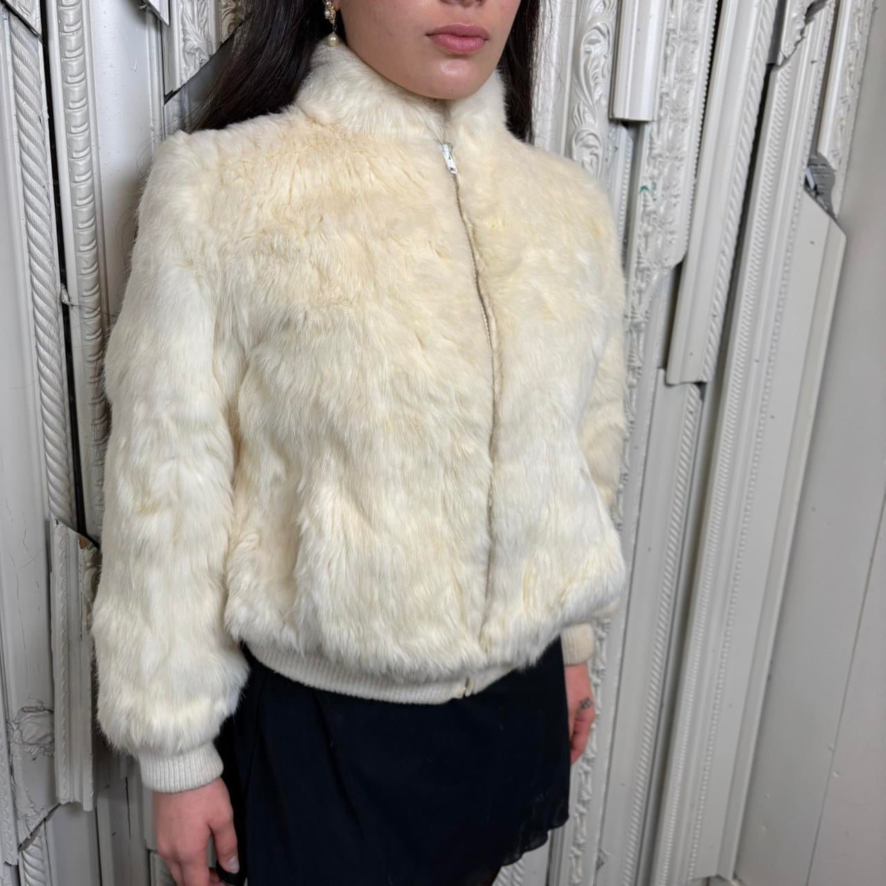 Rabbit fur (from France) zip up coat with pockets and knit hems