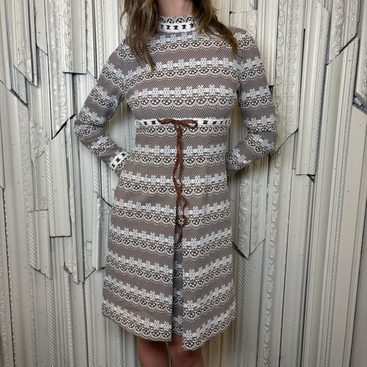 Vintage 60s brown and white mod long sleeve mini dress