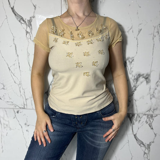 New Fashion cream double mesh top