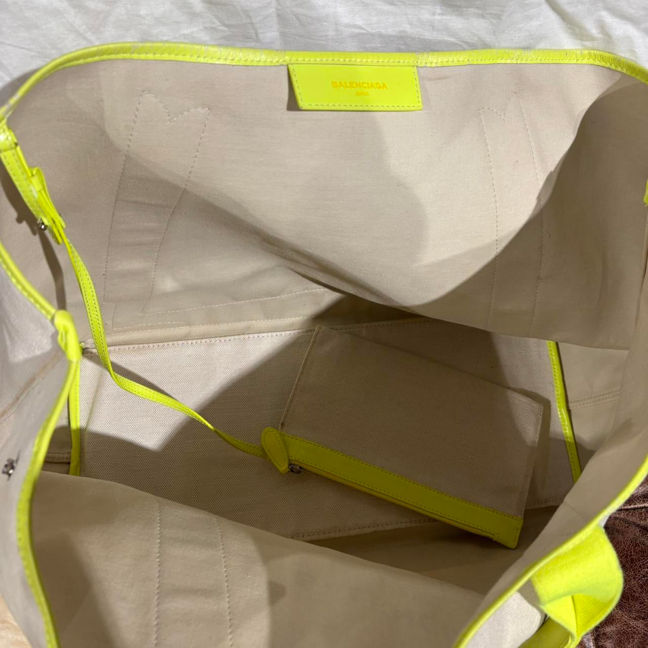 Balenciaga off white and neon yellow large tote with attached pouch