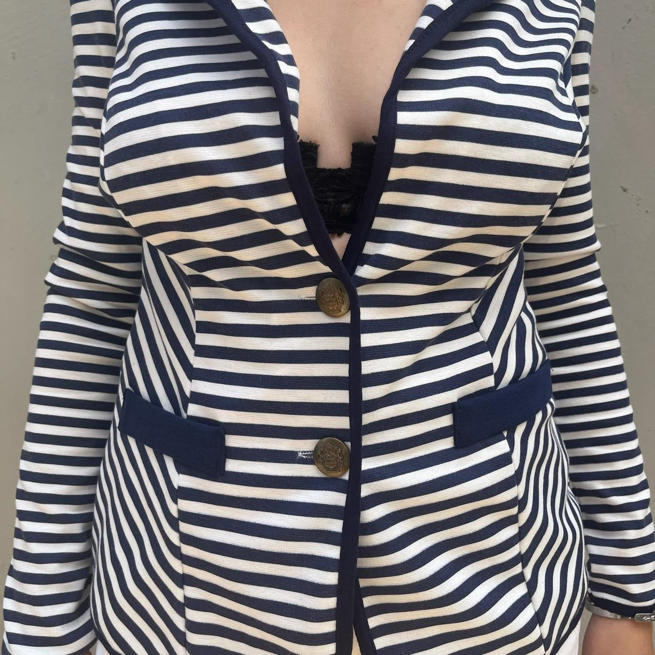 Mystique 00s Navy & white striped sailor-button collar v-neck cardigan