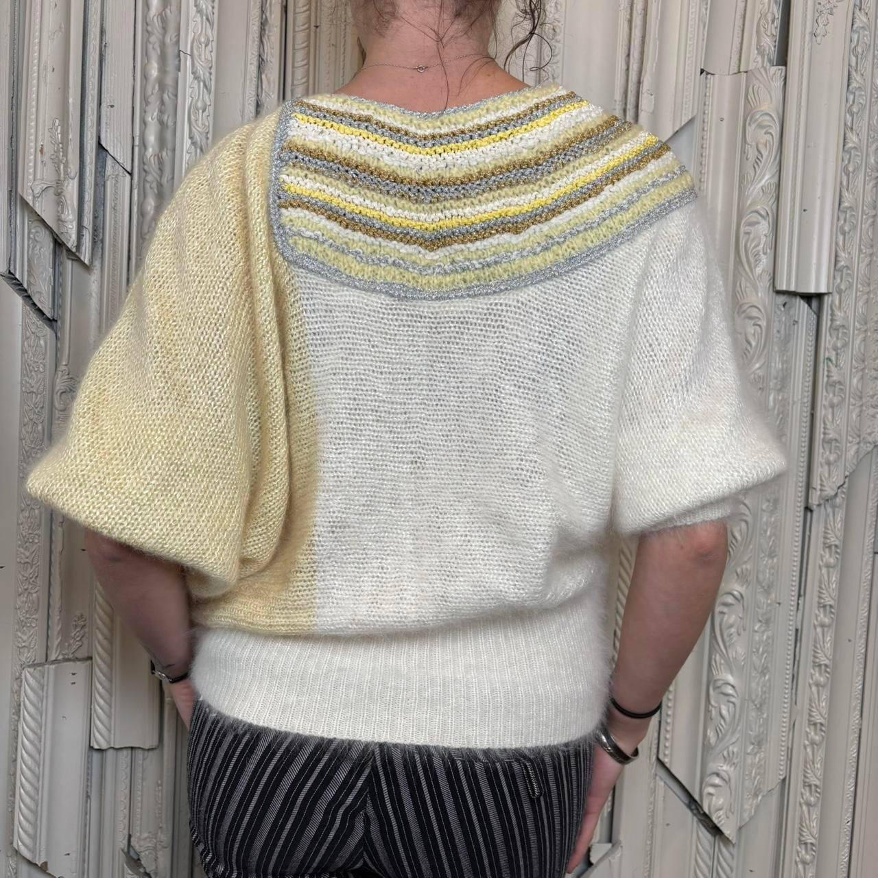 80s yellow, cream and silver bat wing short sleeve sweater