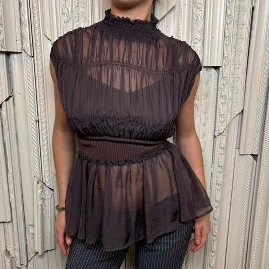 Lily Brown sheer grey mock neck ruched peplum top