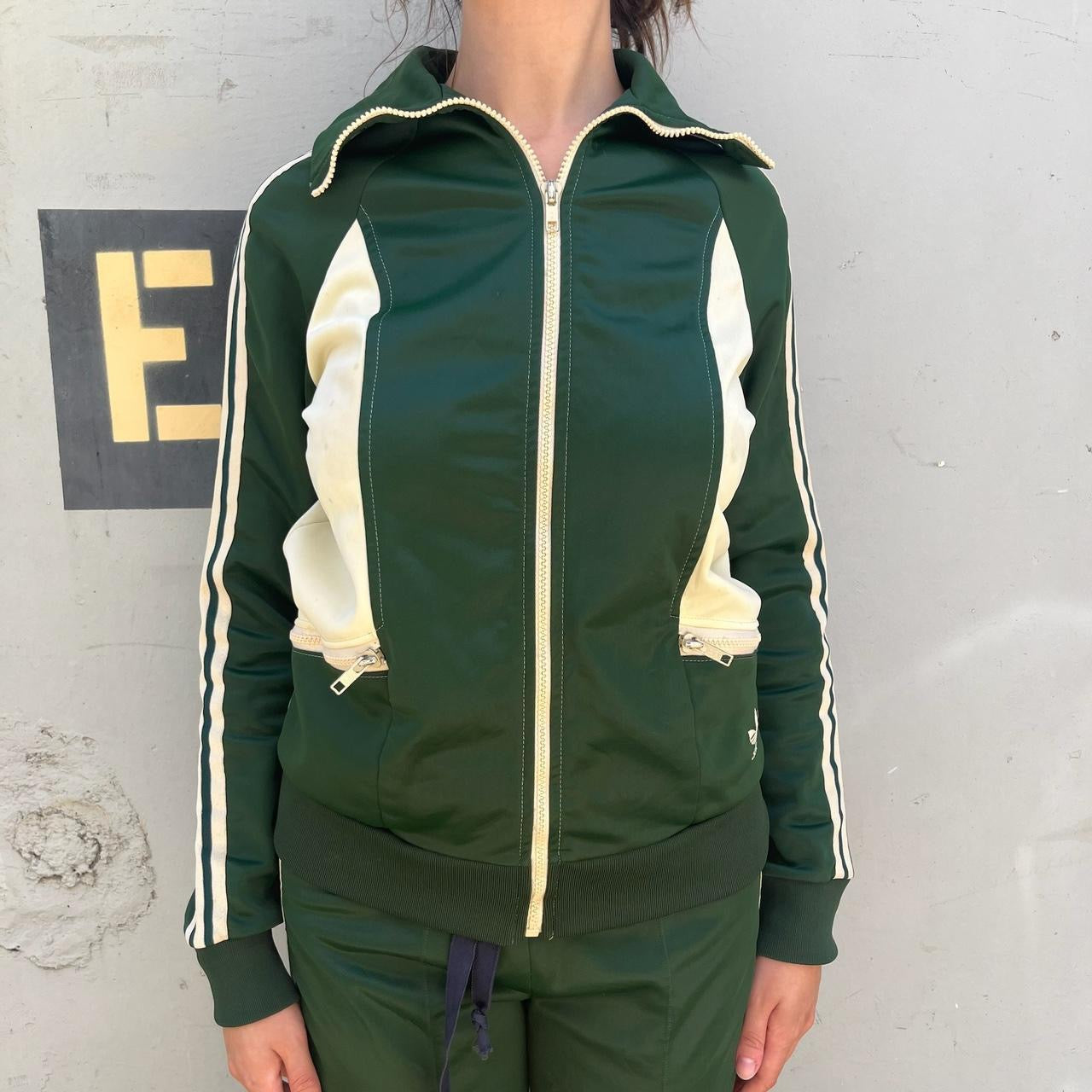 Vintage Adidas 70s dark green and white two piece jacket and pants track suit