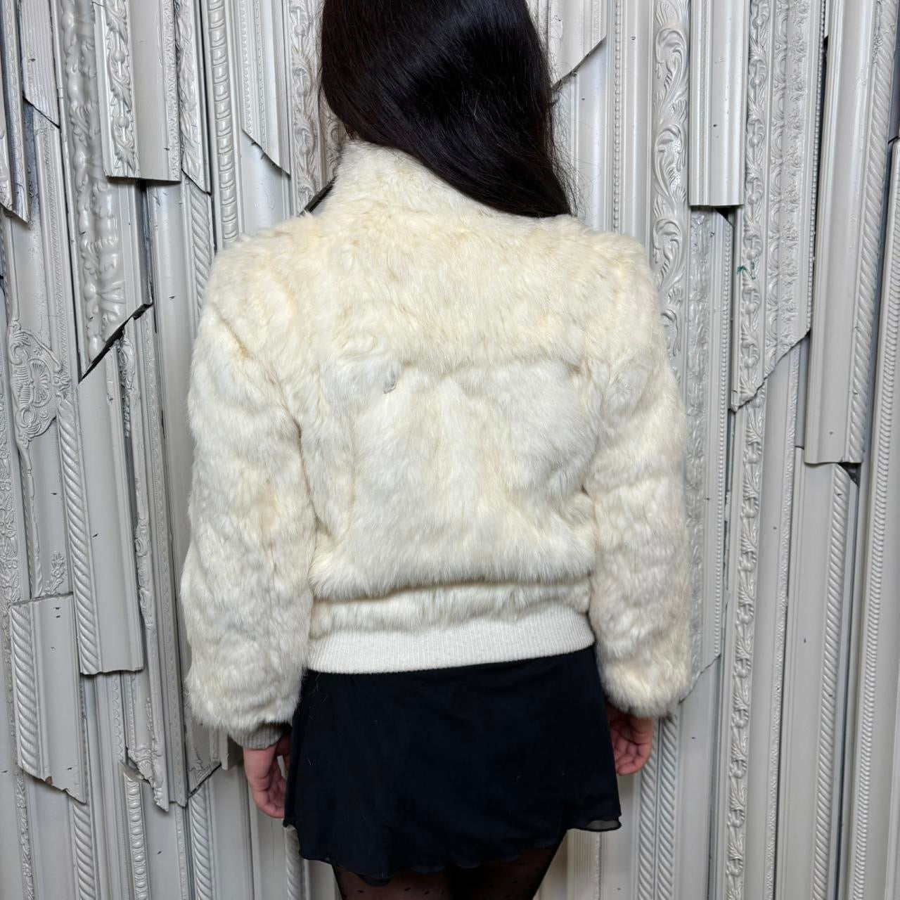 Rabbit fur (from France) zip up coat with pockets and knit hems