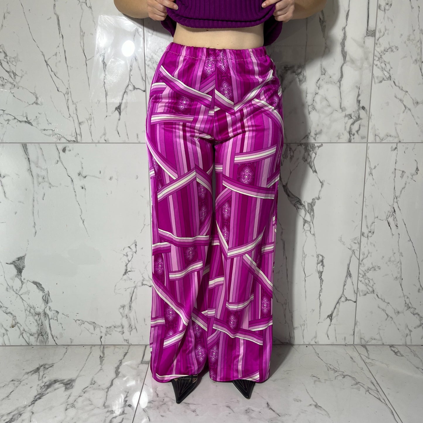 Vintage pink abstract print polyester high waisted flare pants