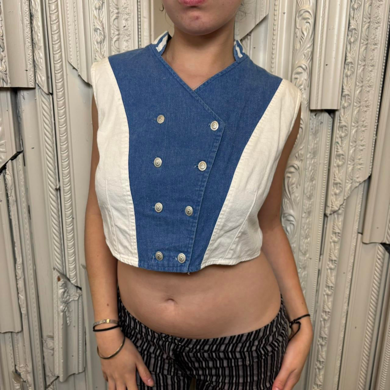 Roper 80s blue and white color block cropped “sailor” style vest