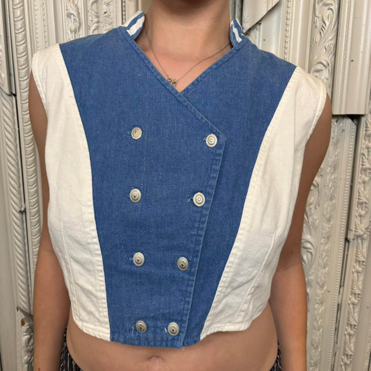 Roper 80s blue and white color block cropped “sailor” style vest