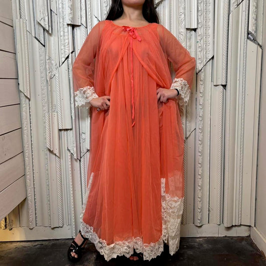 Vintage peach two piece lingerie slip and overcoat set